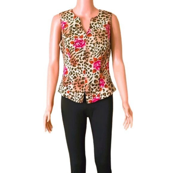 Cline Kolarek Cheetah Floral Tapered Blouse 6 Vintage V Neck Top Made in USA - Picture 2 of 9